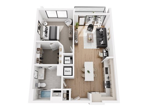 a stylized floor plan with a bedroom and a living room